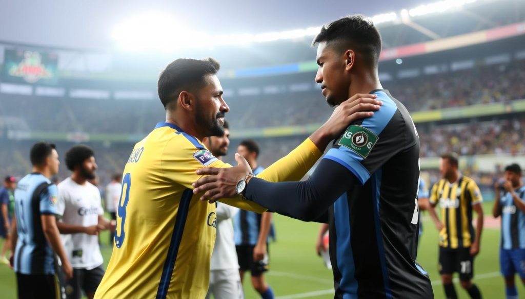 Jogadores de Remo e Paysandu se cumprimentando após um clássico intenso, simbolizando o respeito mútuo Jogadores de Remo e Paysandu se cumprimentando após um clássico intenso, simbolizando o respeito mútuo