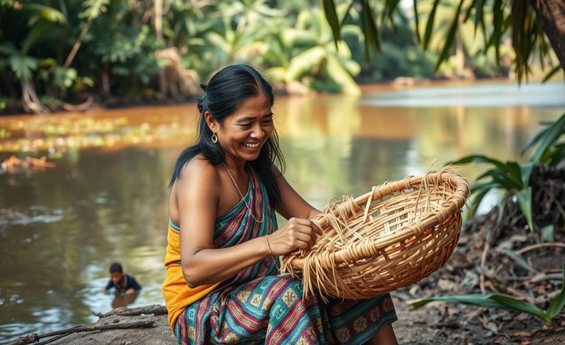 Artesã amazônica trabalhando com fibras naturais em uma comunidade ribeirinha, demonstrando técnicas tradicionais do artesanato comunidades amazônicas