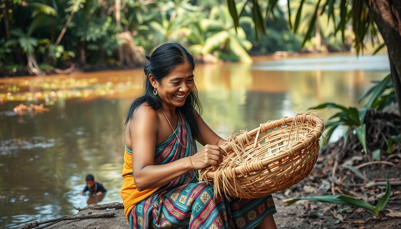 Artesã amazônica trabalhando com fibras naturais em uma comunidade ribeirinha, demonstrando técnicas tradicionais do artesanato comunidades amazônicas