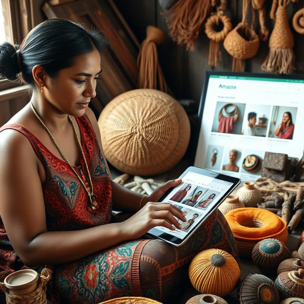 Artesã amazônica utilizando plataforma digital para comercializar seus produtos, exemplo de modernização do artesanato comunidades amazônicas Artesã amazônica utilizando plataforma digital para comercializar seus produtos, exemplo de modernização do artesanato comunidades amazônicas