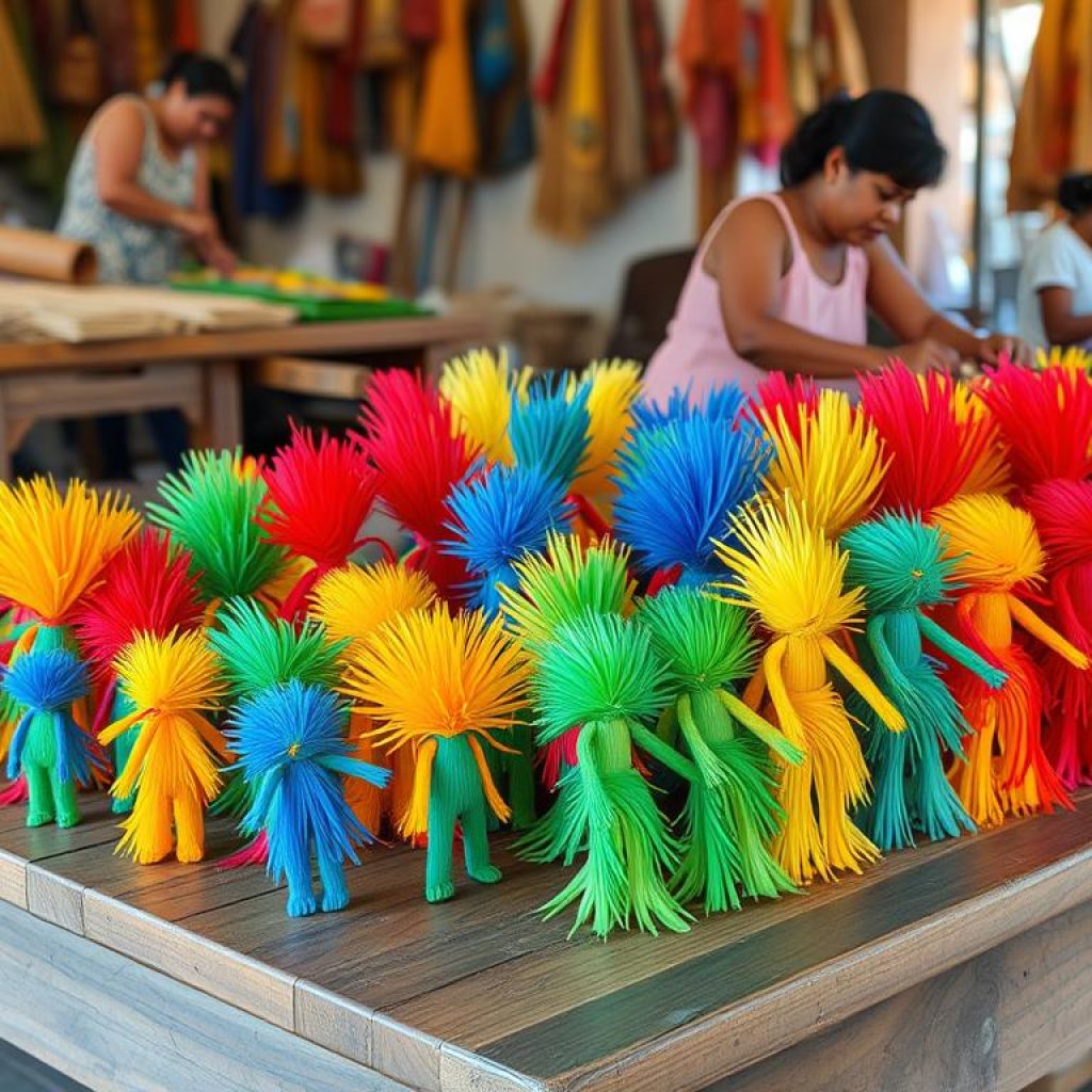 Artesanato colorido em miriti no Mercado do Ver-o-peso, mostrando brinquedos e figuras típicas da cultura paraense