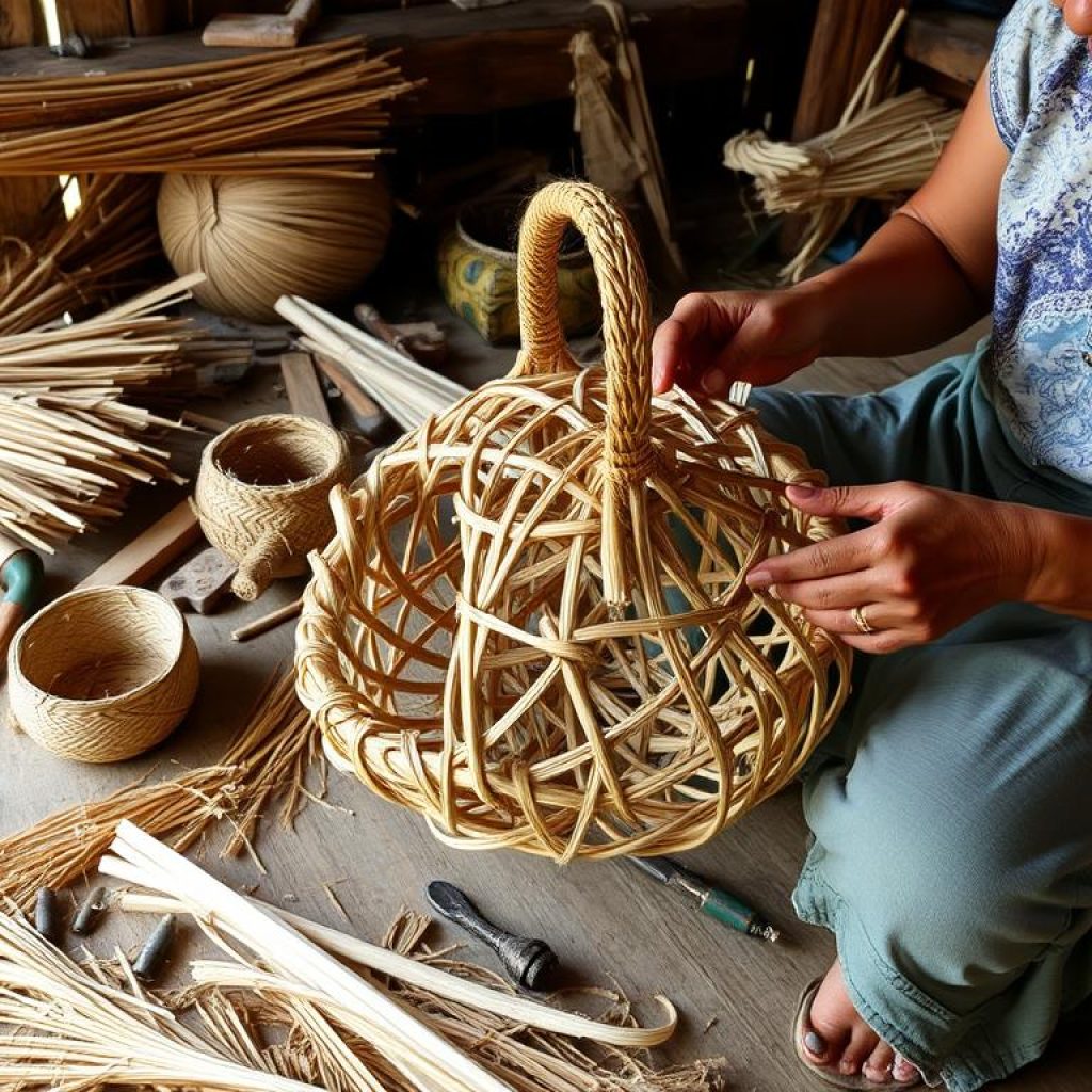 Artesão trabalhando no trançado de fibras de arumã para criar cestos e objetos decorativos, técnica tradicional do artesanato comunidades amazônicas Artesão trabalhando no trançado de fibras de arumã para criar cestos e objetos decorativos, técnica tradicional do artesanato comunidades amazônicas
