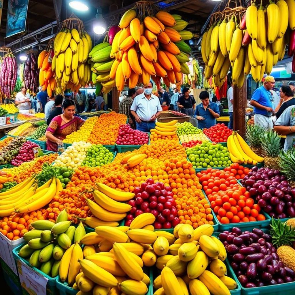 Barracas coloridas de frutas amazônicas no Mercado do Ver-o-peso, mostrando a diversidade de produtos regionais