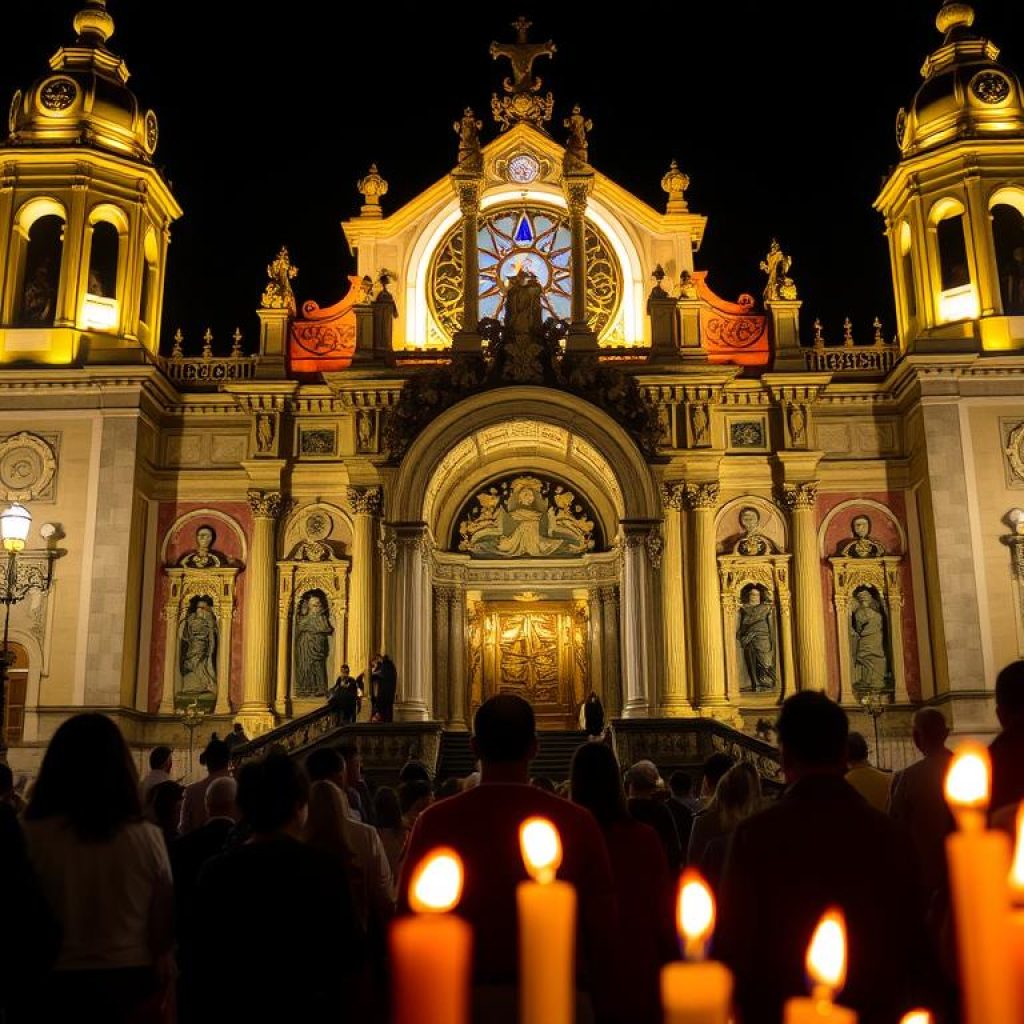 Basílica Santuário de Nazaré iluminada durante a noite com fiéis em oração Basílica Santuário de Nazaré iluminada durante a noite com fiéis em oração