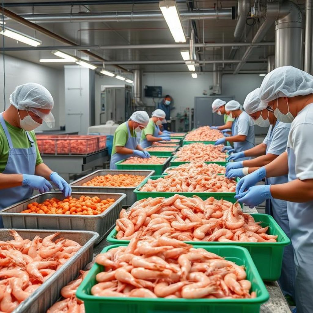 Camarão rosa do Pará sendo processado para exportação Camarão rosa do Pará sendo processado para exportação