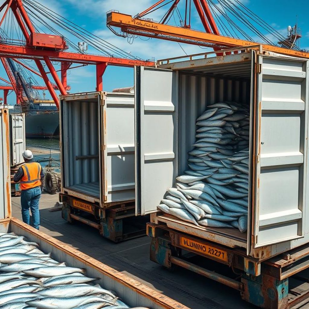 Contêineres refrigerados sendo preparados para exportação de pescados no porto de Belém Contêineres refrigerados sendo preparados para exportação de pescados no porto de Belém