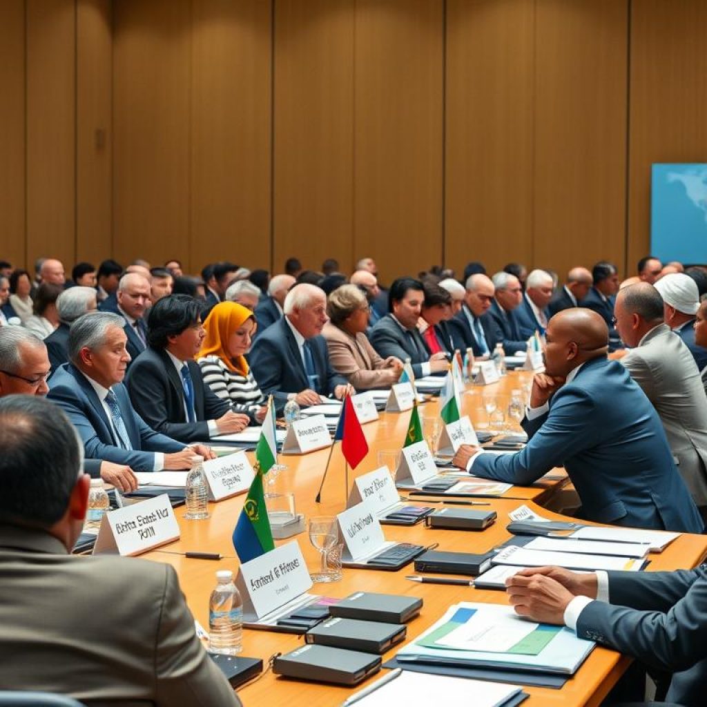 Delegates at previous UN Climate Conference discussing climate policy Delegates at previous UN Climate Conference discussing climate policy