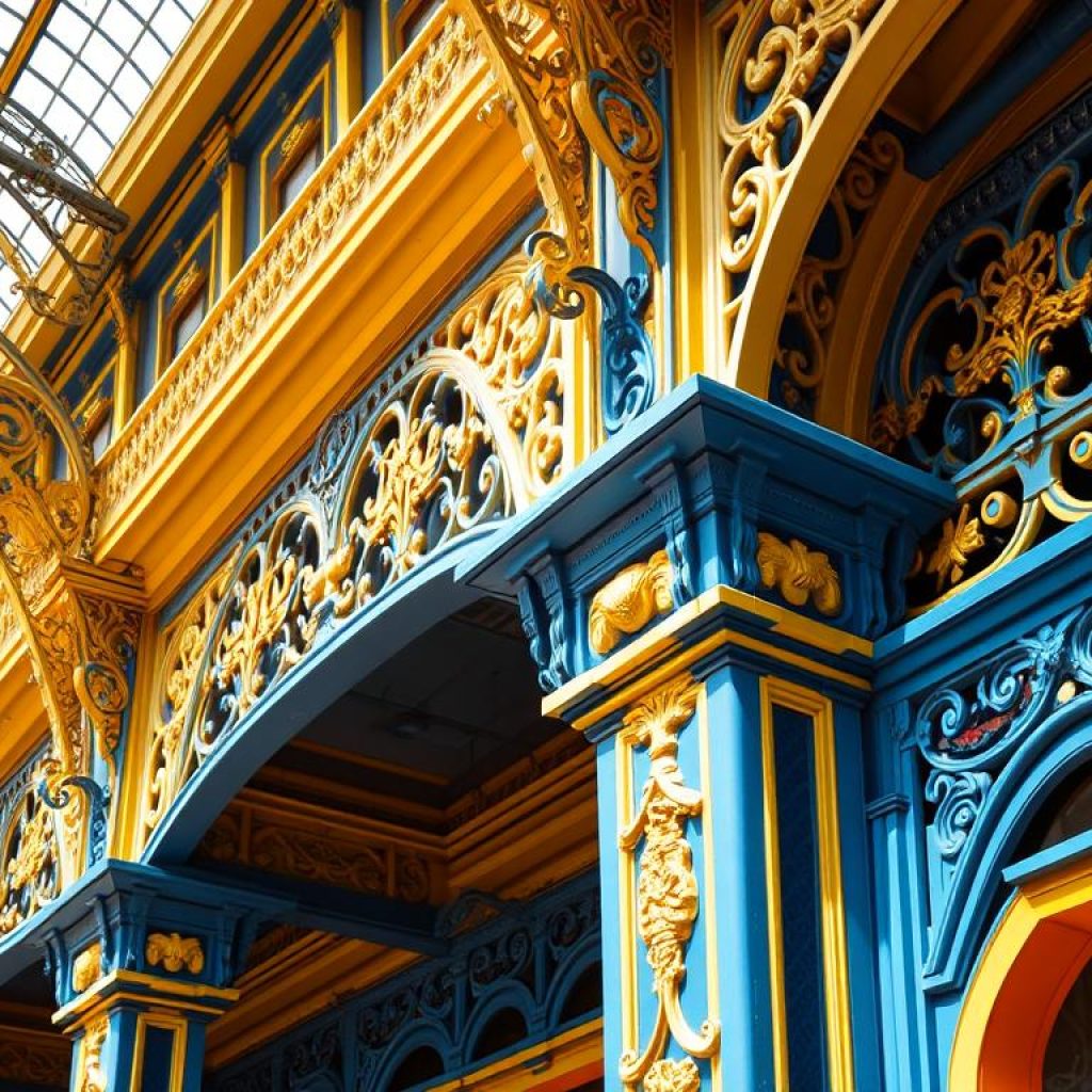 Detalhe da arquitetura em ferro do Mercado do Ver-o-peso, mostrando o estilo art nouveau e as cores vibrantes da estrutura