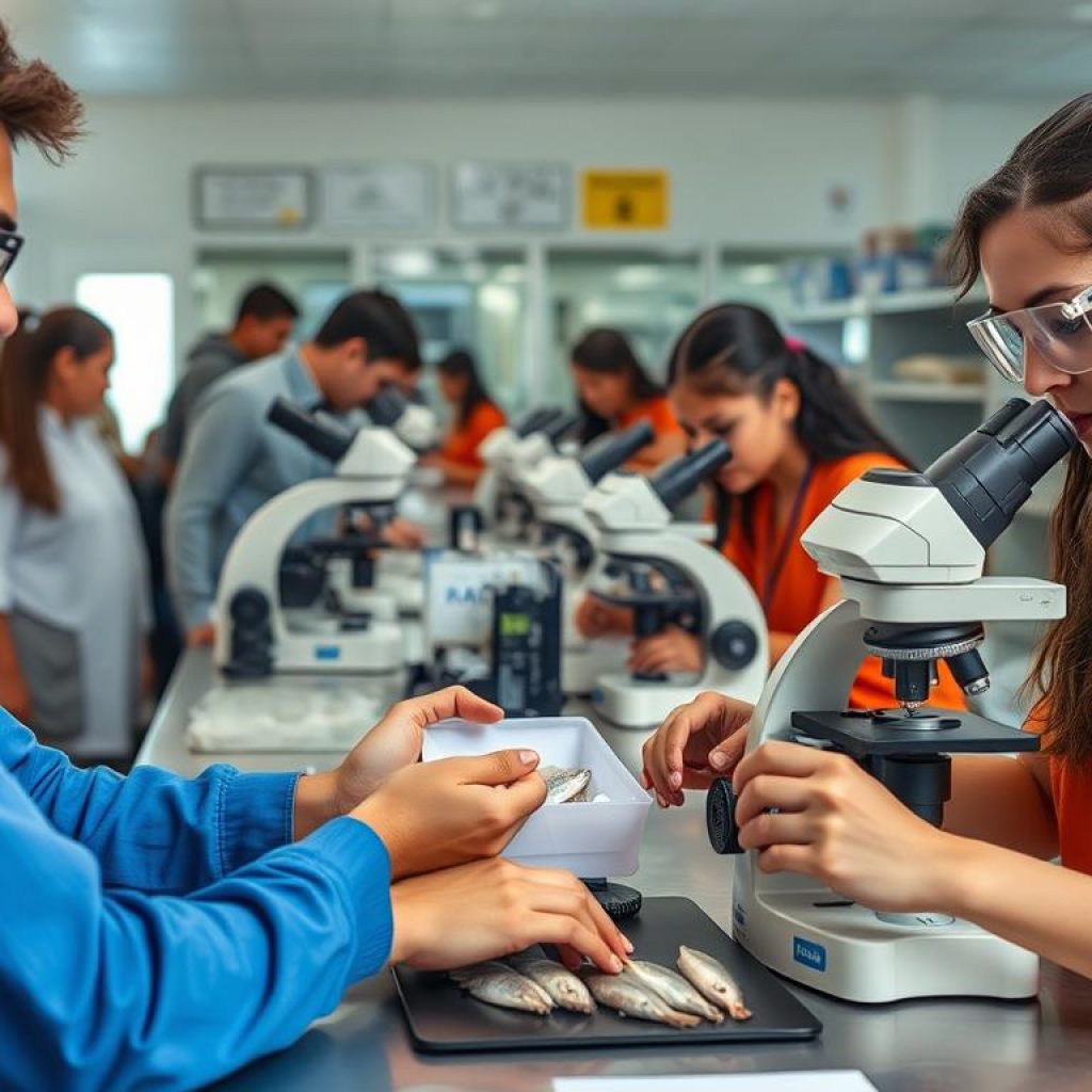Estudantes em laboratório de pesquisa de tecnologia pesqueira no Pará Estudantes em laboratório de pesquisa de tecnologia pesqueira no Pará
