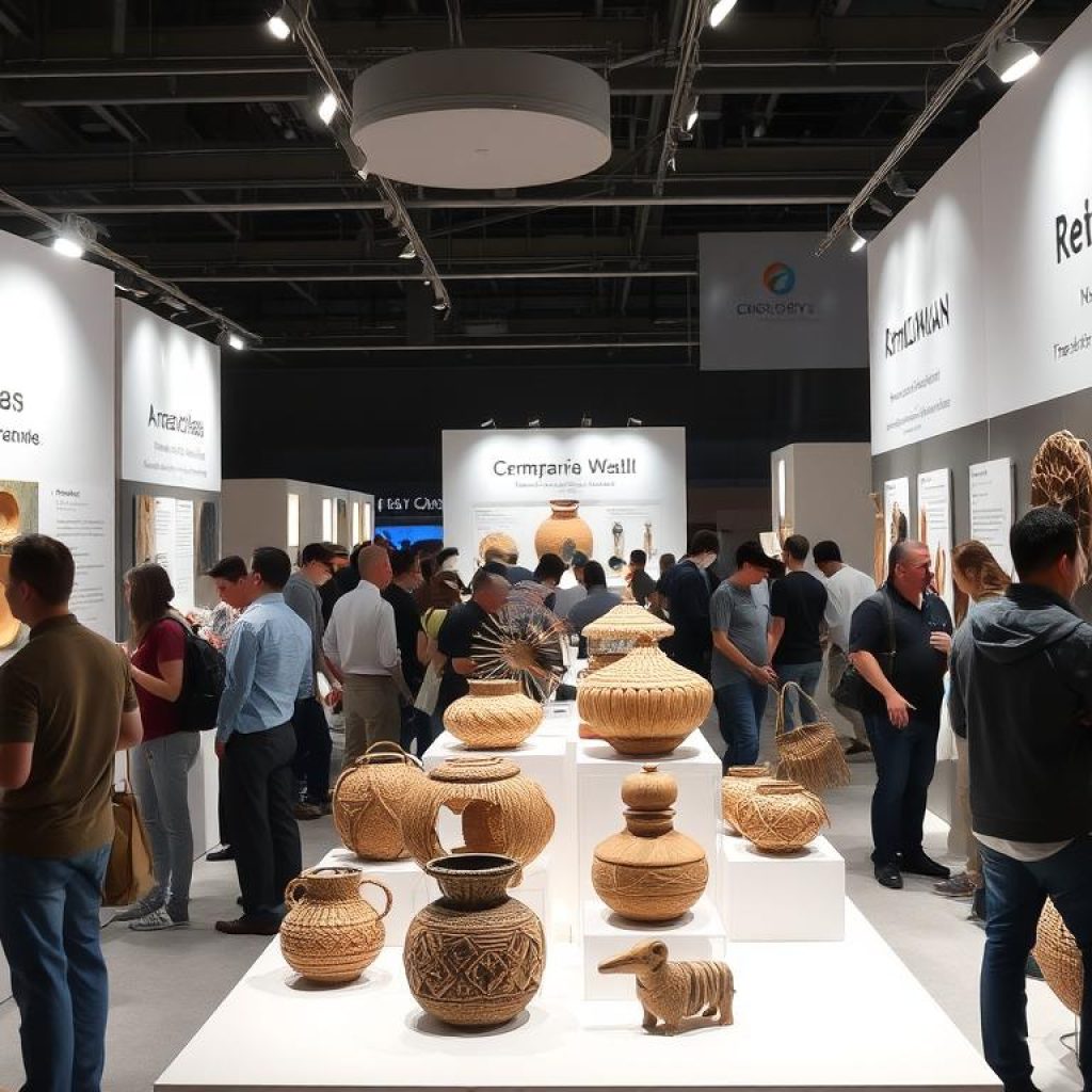 Exposição de artesanato amazônico em feira internacional, mostrando iniciativas de valorização do artesanato comunidades amazônicas Exposição de artesanato amazônico em feira internacional, mostrando iniciativas de valorização do artesanato comunidades amazônicas