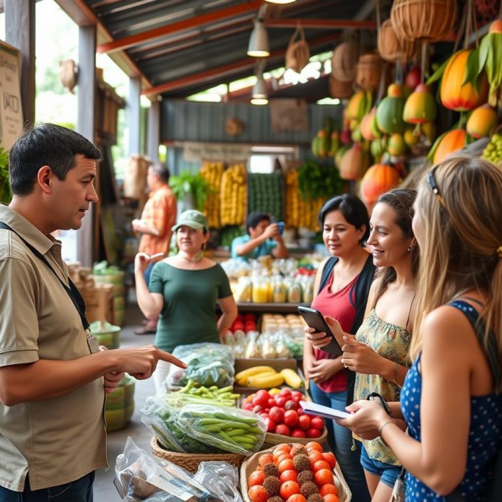 Guia local explicando sobre produtos típicos para turistas no Mercado do Ver-o-peso
