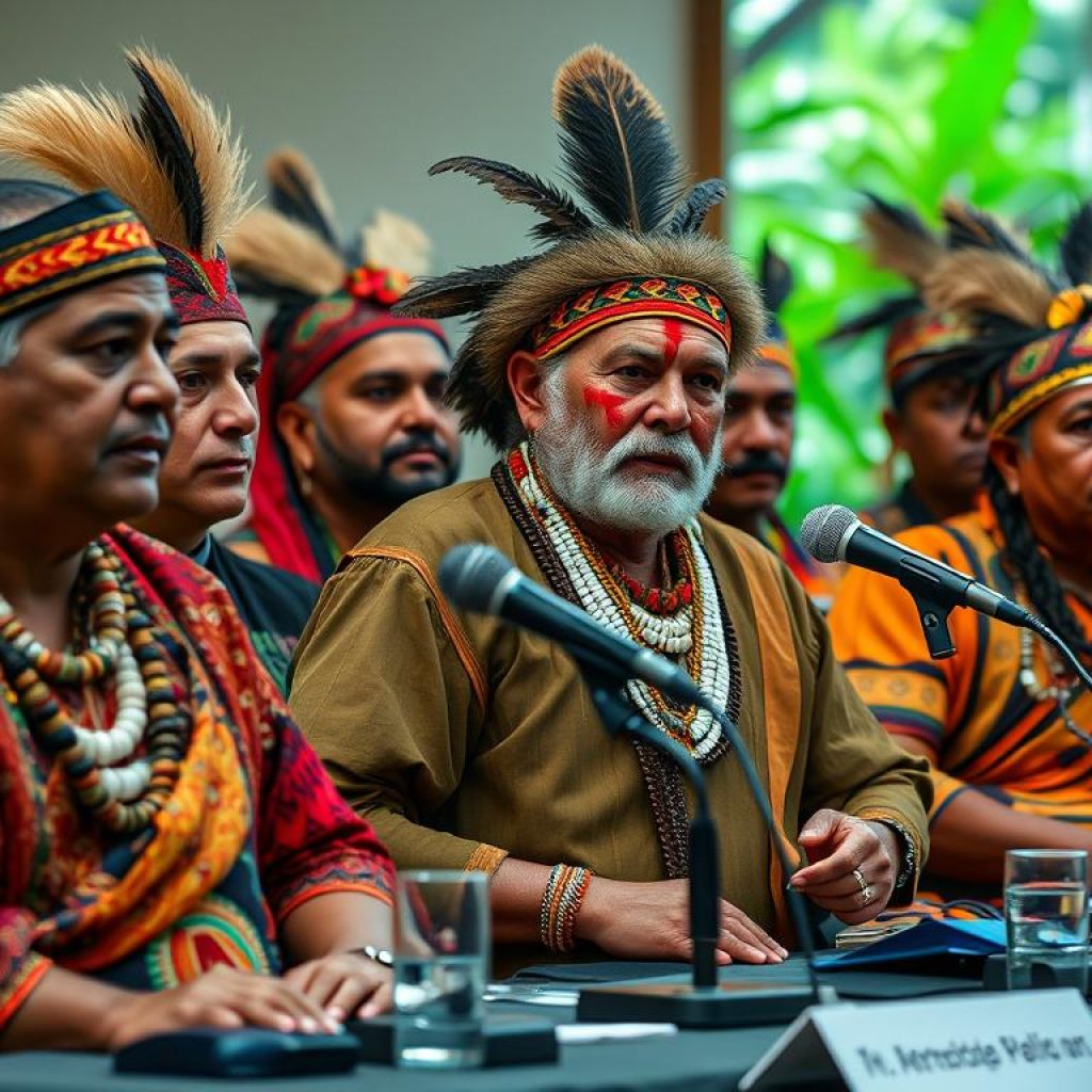 Indigenous leaders from the Amazon region discussing climate policy Indigenous leaders from the Amazon region discussing climate policy