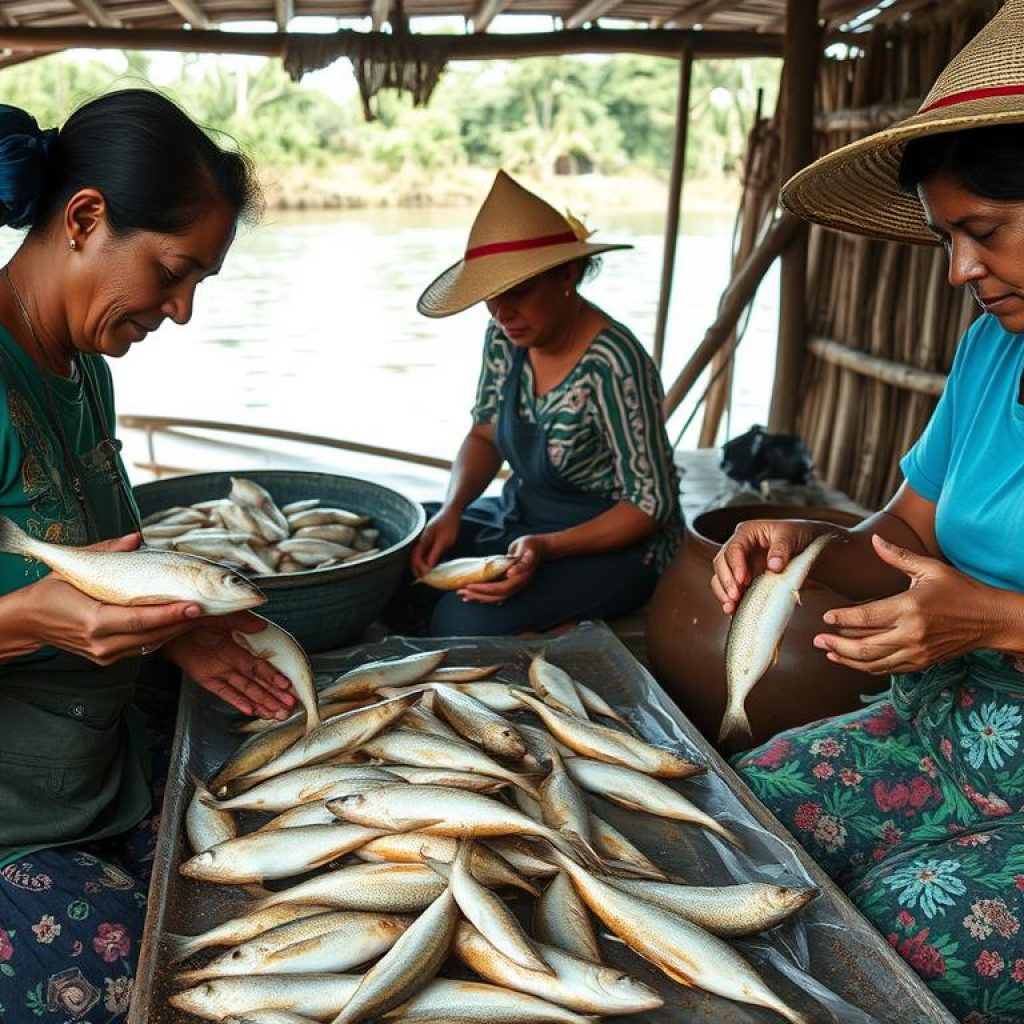 Mulheres trabalhando no beneficiamento artesanal de pescado em comunidade paraense Mulheres trabalhando no beneficiamento artesanal de pescado em comunidade paraense