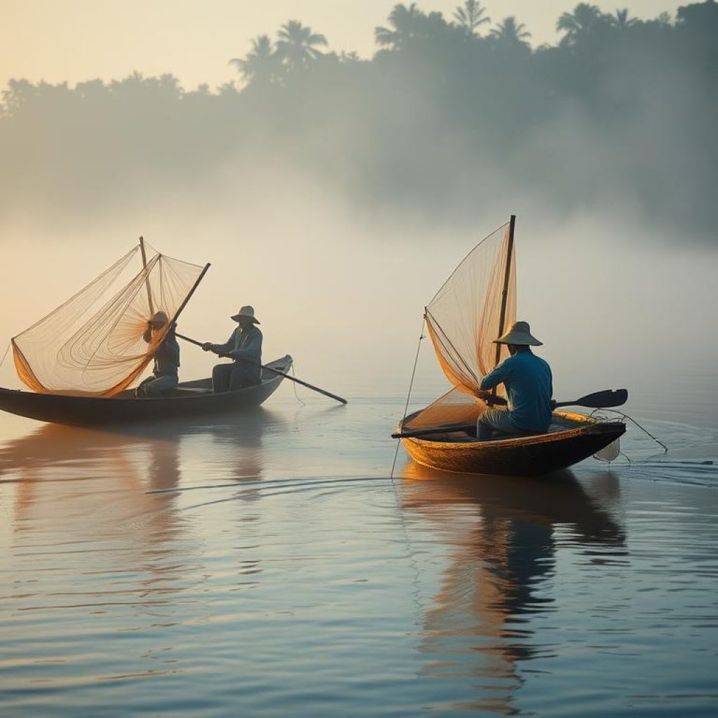 Pescadores artesanais utilizando redes tradicionais no rio Amazonas Pescadores artesanais utilizando redes tradicionais no rio Amazonas