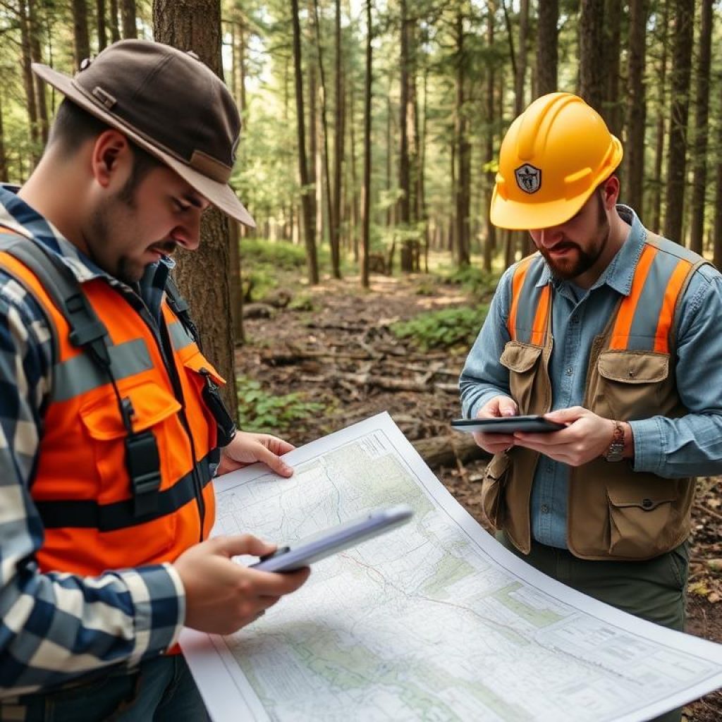 Técnicos realizando planejamento de Manejo Florestal Sustentável com mapas e equipamentos Técnicos realizando planejamento de Manejo Florestal Sustentável com mapas e equipamentos