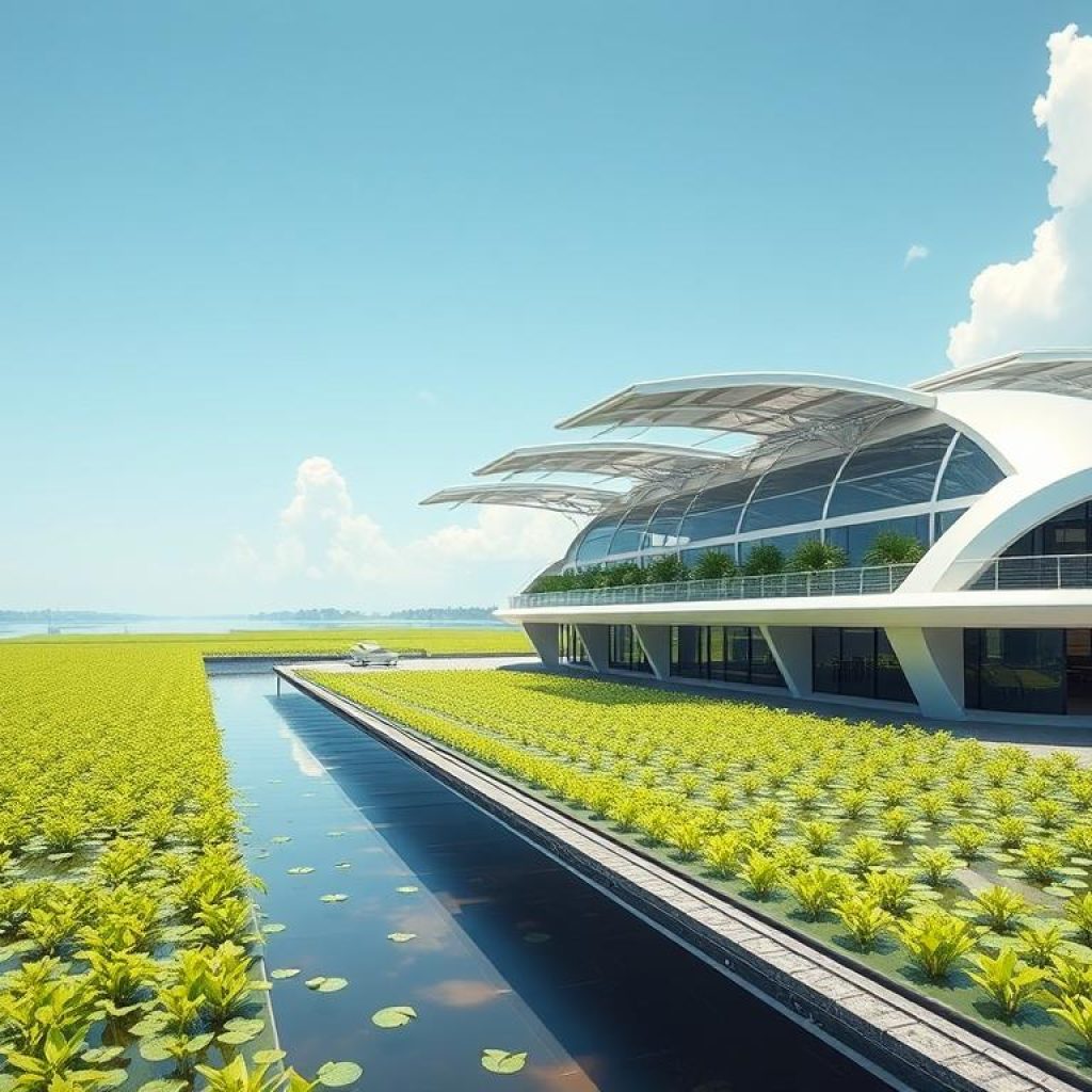 Visão futurista de instalação aquícola sustentável no Pará Visão futurista de instalação aquícola sustentável no Pará