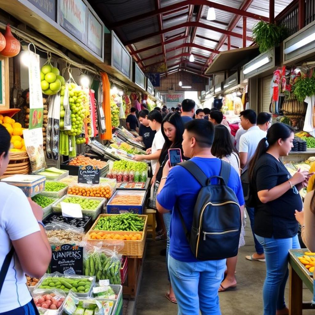 Visitantes explorando as barracas do Mercado do Ver-o-peso, interagindo com vendedores locais