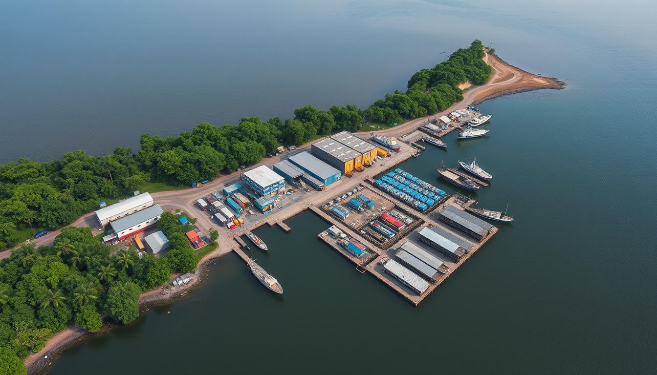 Vista aérea da indústria de pescados no litoral do Pará, Brasil