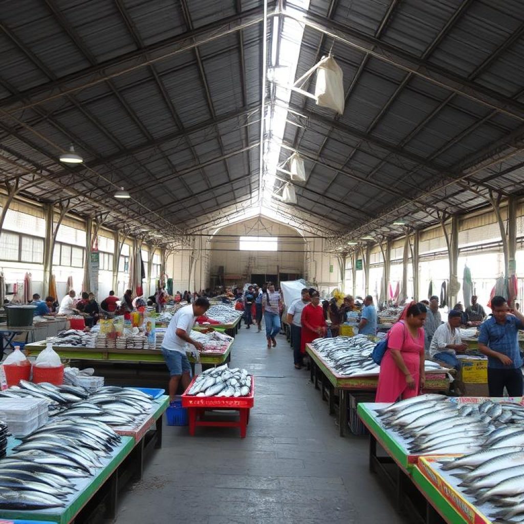Vista interna do Mercado de Ferro do Ver-o-peso, mostrando as bancas de peixe e a estrutura metálica do teto